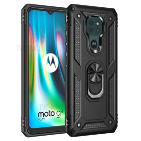 Луксозен силиконов гръб с твърда част Hybrid Anti-Fall с метална ринг стойка за Motorola Moto G9 Play / Motorola Moto E7 Plus черен